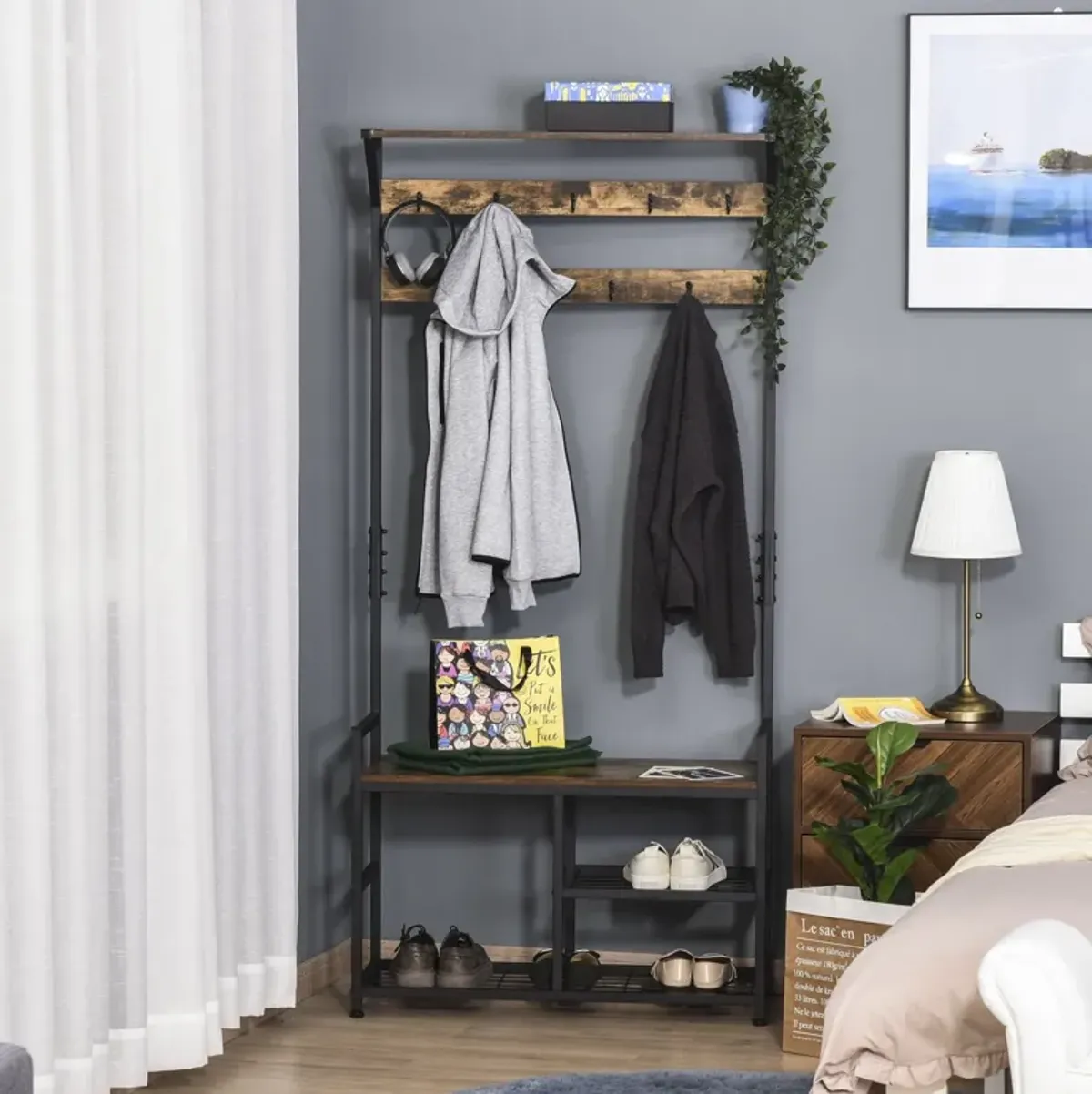 Brown/Black Organizer: Hallway Tree Bench with Hooks and Shelves