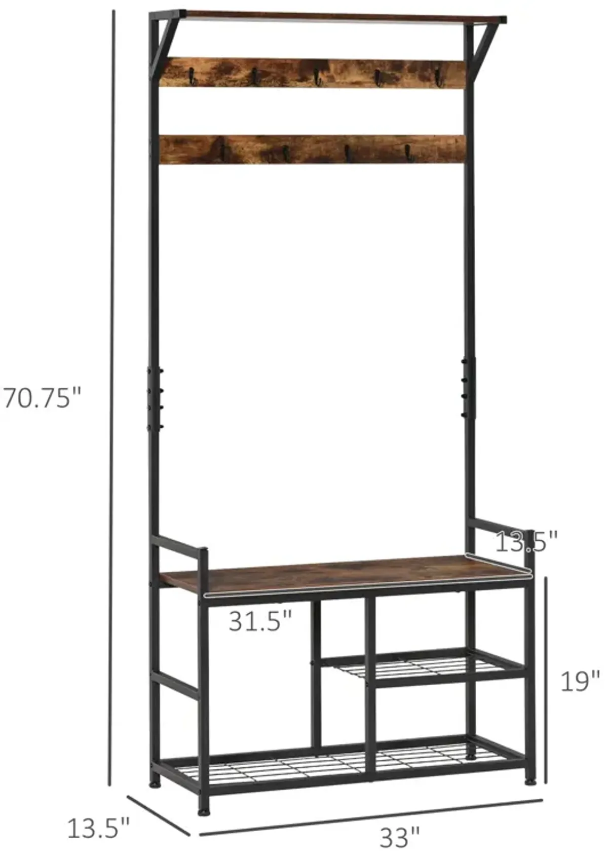 Brown/Black Organizer: Hallway Tree Bench with Hooks and Shelves