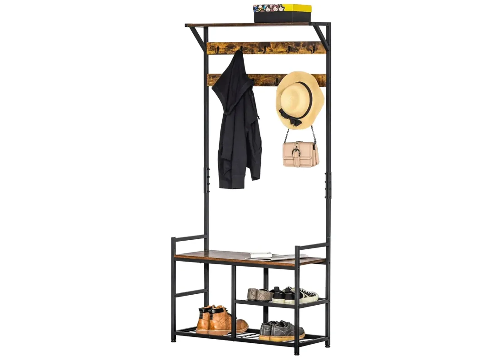 Brown/Black Organizer: Hallway Tree Bench with Hooks and Shelves