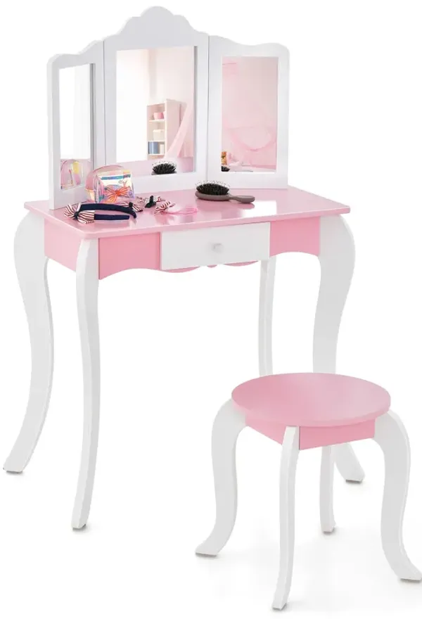 Kid's Wooden Vanity Table and Stool Set  with 3-Panel Acrylic Mirror-White
