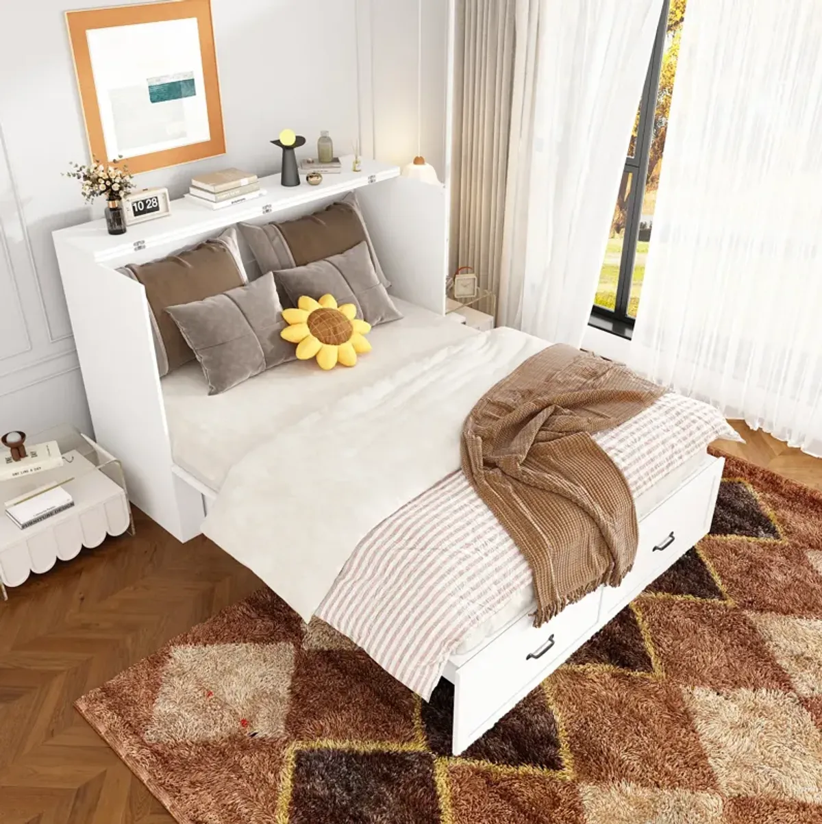 FUFU&GAGA Convertible Bed with Storage Drawers for Bedroom (61.8" W x 81.5" D x 43.9" H) White