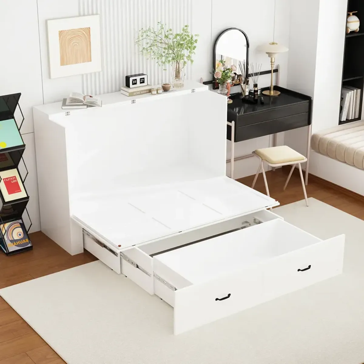 FUFU&GAGA Convertible Bed with Storage Drawers for Bedroom (61.8" W x 81.5" D x 43.9" H) White