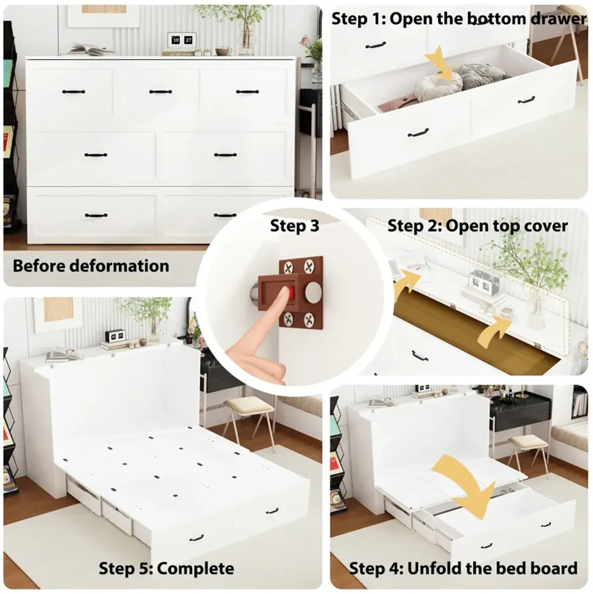 FUFU&GAGA Convertible Bed with Storage Drawers for Bedroom (61.8" W x 81.5" D x 43.9" H) White