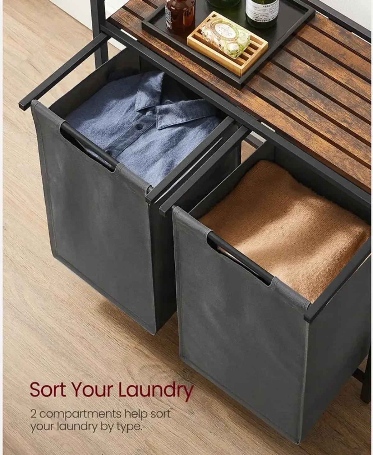 Metal Frame Laundry Hamper with Top Shelf and Pull-Out Bags, 2 Removable Oxford Fabric Bags