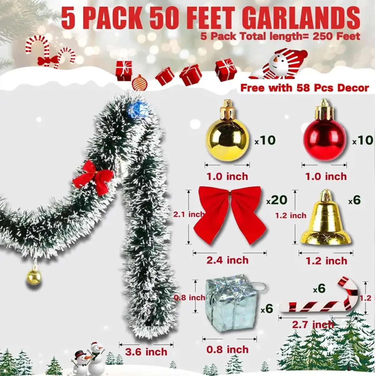 5 Pack 250Ft Christmas Decoration Garland, Greenery Garland with Snow