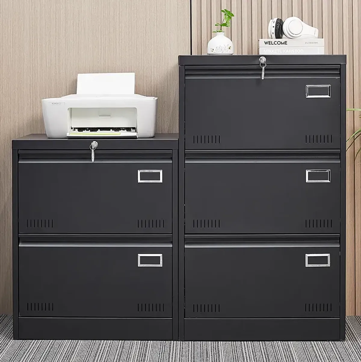 Filing Cabinet Lateral File Cabinet 3 Drawer, Blcak Locking Metal File Cabinets Three Drawer, Office Filing Cabinet with Lock Drawers for Home Office/Legal/Letter/A4/F4