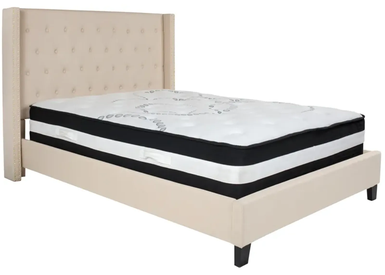 Riverdale Full Size Tufted Upholstered Platform Bed in Beige Fabric with Pocket Spring Mattress