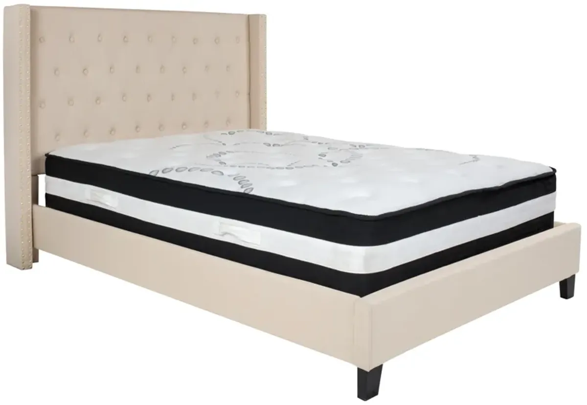 Riverdale Full Size Tufted Upholstered Platform Bed in Beige Fabric with Pocket Spring Mattress