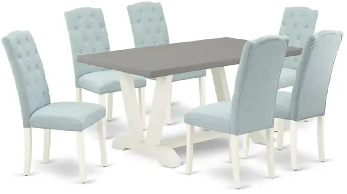 East West Furniture 7-Pc Modern Dining Set- 6 Dining Padded Chairs with Baby Blue Linen Fabric Seat and Button Tufted Chair Back - Rectangular Table Top & Wooden Legs - Cement and Linen White Finish