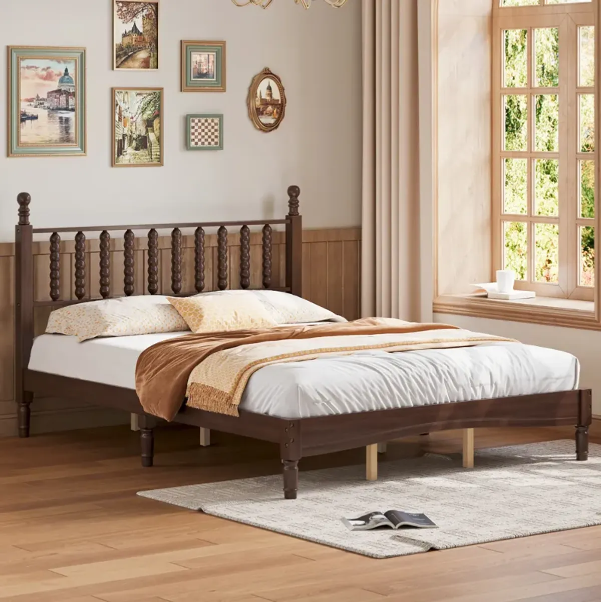 Merax Wood Retro Platform Bed with Gourd Shaped Headboard