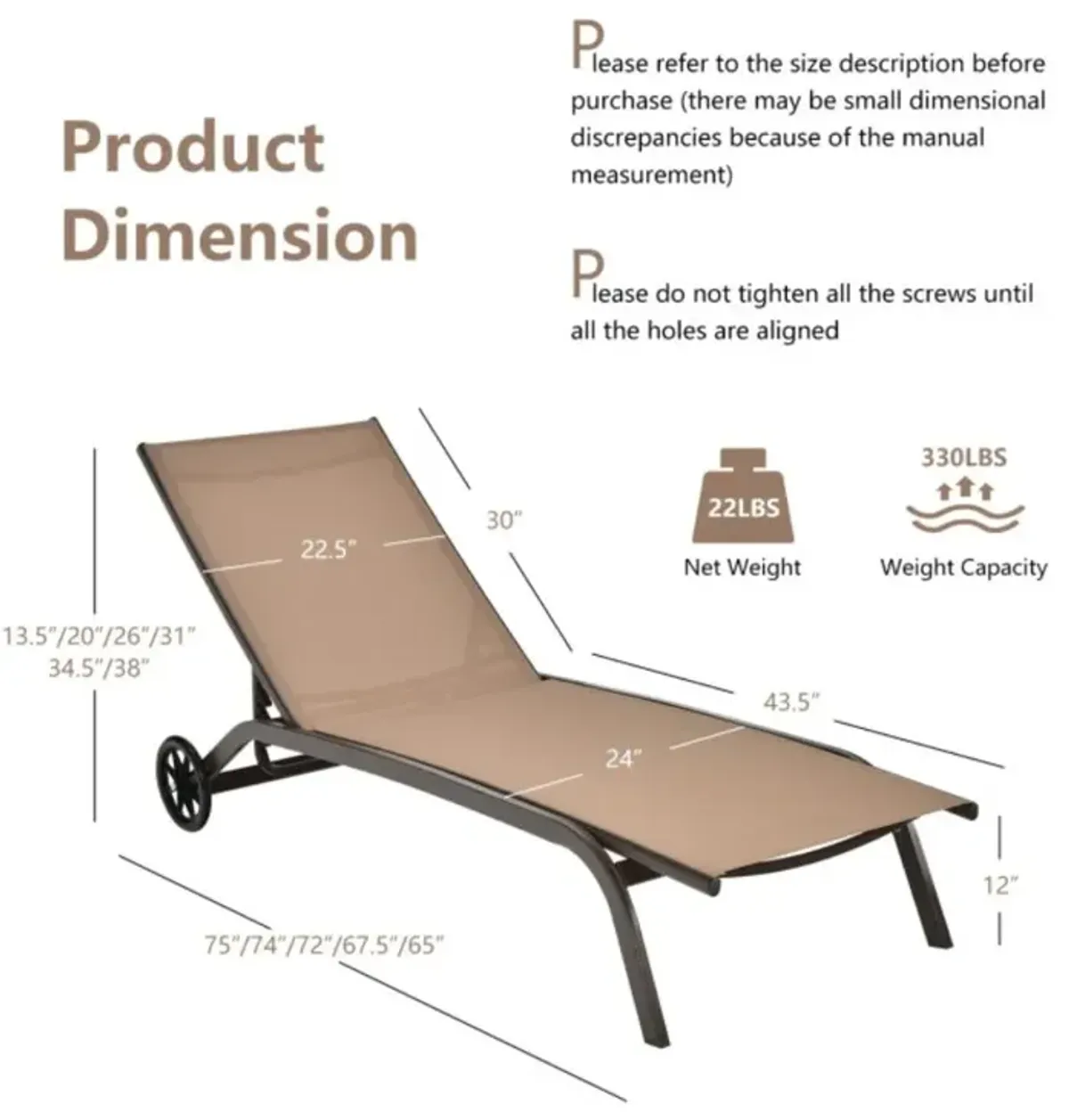 Hivvago 6-Poisition Adjustable Outdoor Chaise Recliner with Wheels