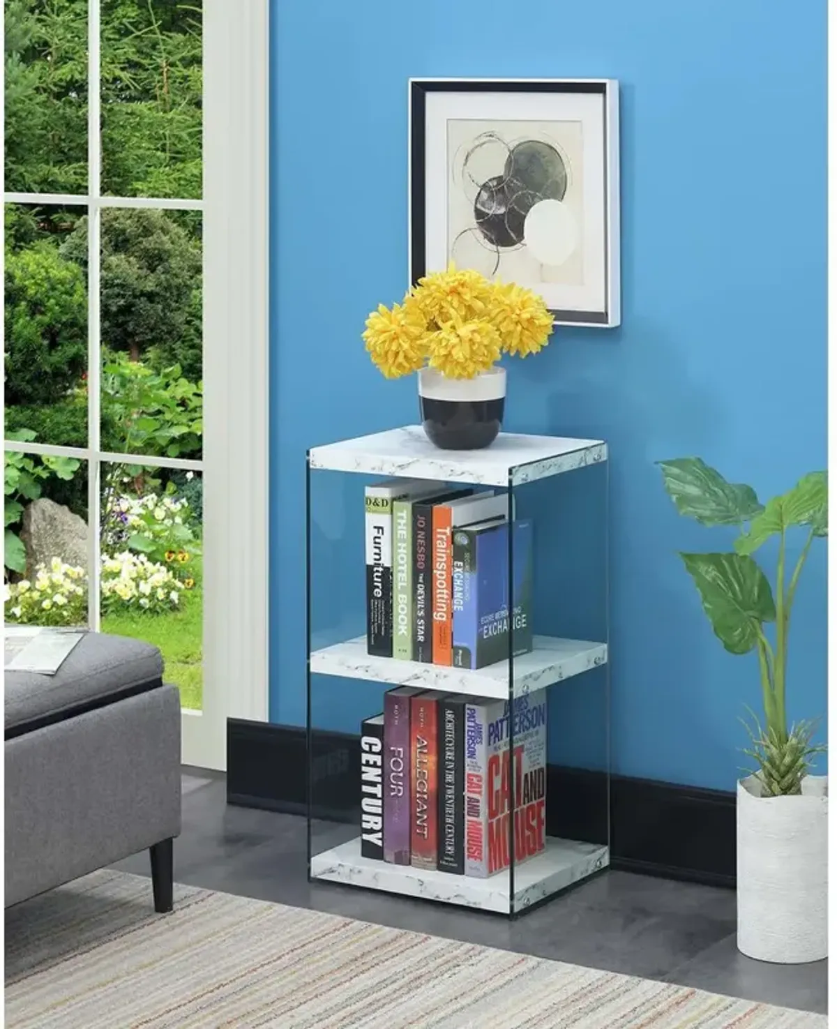 Convenience Concepts SoHo 3 Tier Tower Bookcase, White Faux Marble/Glass