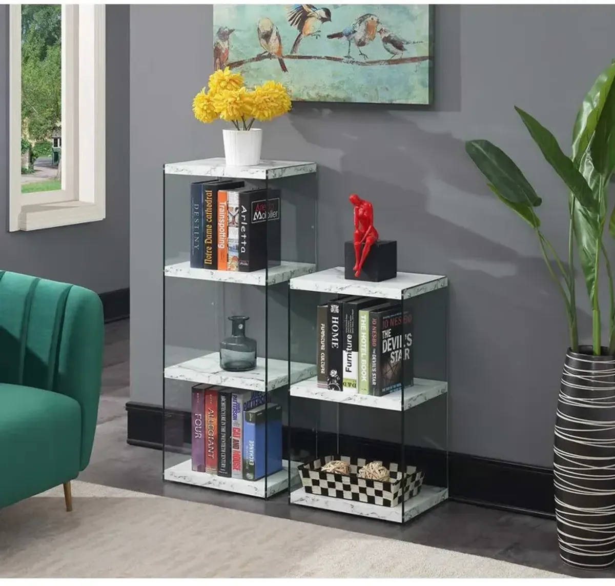 Convenience Concepts SoHo 3 Tier Tower Bookcase, White Faux Marble/Glass