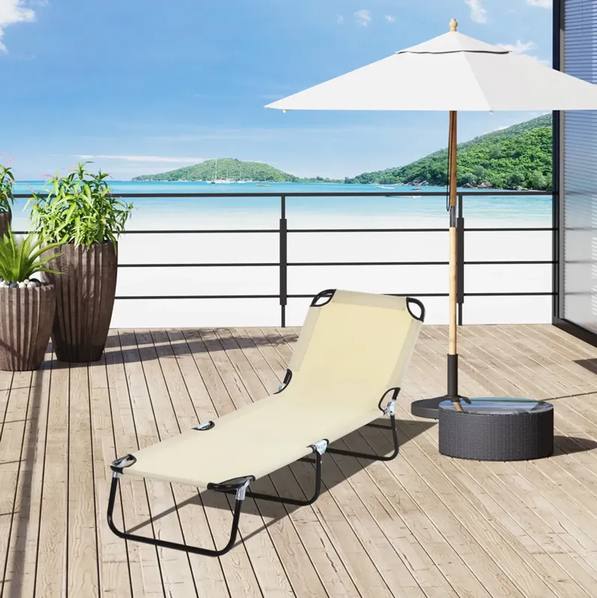 Outsunny Folding Chaise Lounge Pool Chair, Outdoor Sun Tanning Chair with Pillow, 5-Level Reclining Back, Steel Frame & Breathable Mesh for Beach, Yard, Patio, Beige