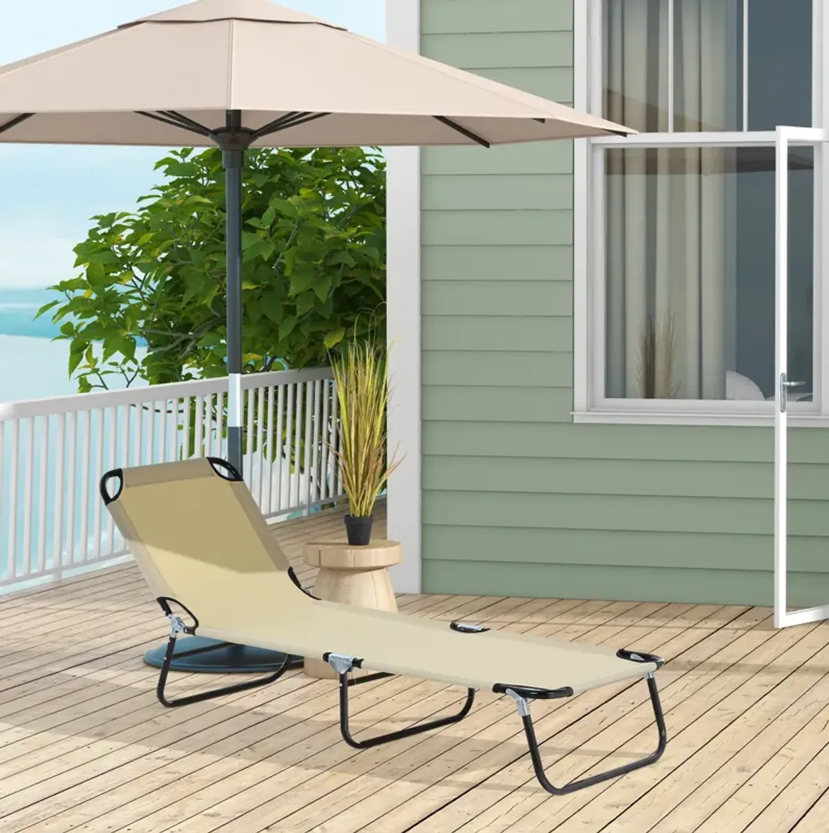 Outsunny Folding Chaise Lounge Pool Chair, Outdoor Sun Tanning Chair with Pillow, 5-Level Reclining Back, Steel Frame & Breathable Mesh for Beach, Yard, Patio, Beige