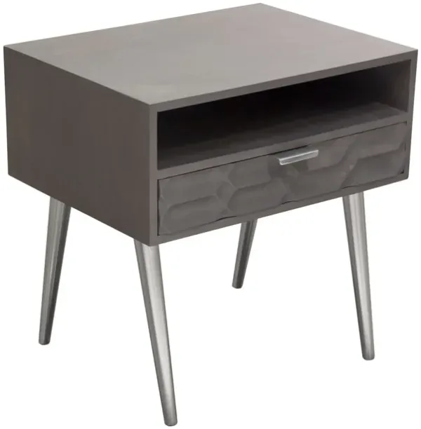 24 Inch Embossed Side End Table, 1 Gliding Drawer, Single Shelf, Smoke Gray - Benzara
