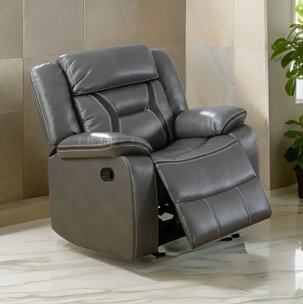 37 Inches Leatherette Glider Recliner with Pillow Arms, Gray-Benzara