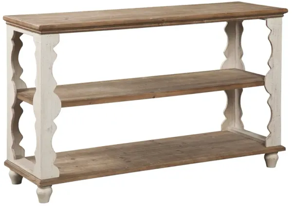 Traditional Style Console Sofa Table with Scalloped Design, White and Brown-Benzara