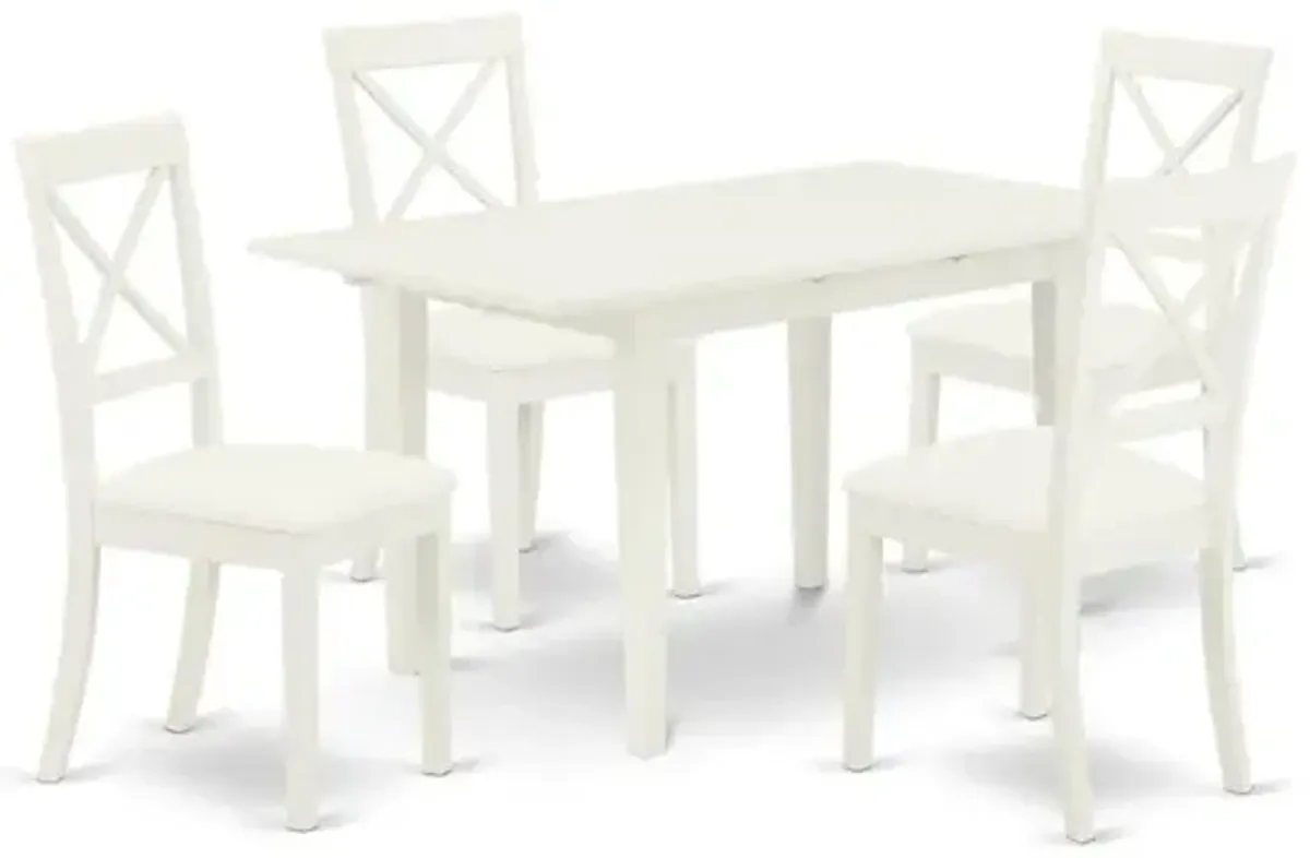 East West Furniture NOBO5-WHI-LC 5-Pc Rectangular Dinette Set 4 Dining Chairs with X-Back and a Faux Leather Seat and Butterfly Leaf Dining Room Table with Rectangular Top and 4 Legs- Linen White Fini