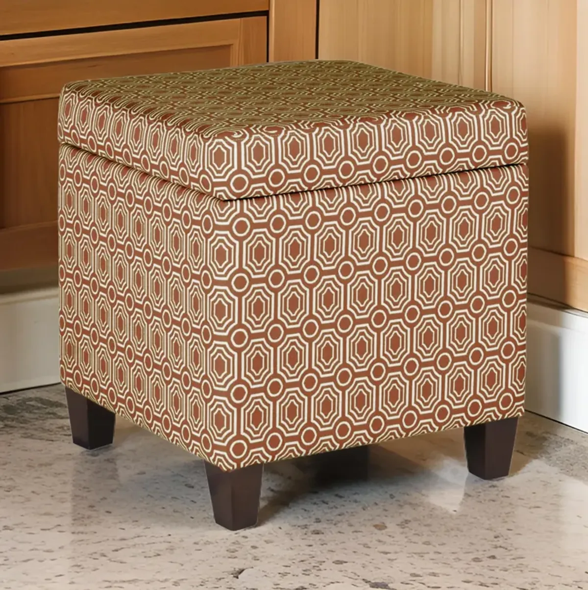 Geometric Patterned Square Wooden Ottoman with Lift Off Lid Storage, Orange and Cream - Benzara