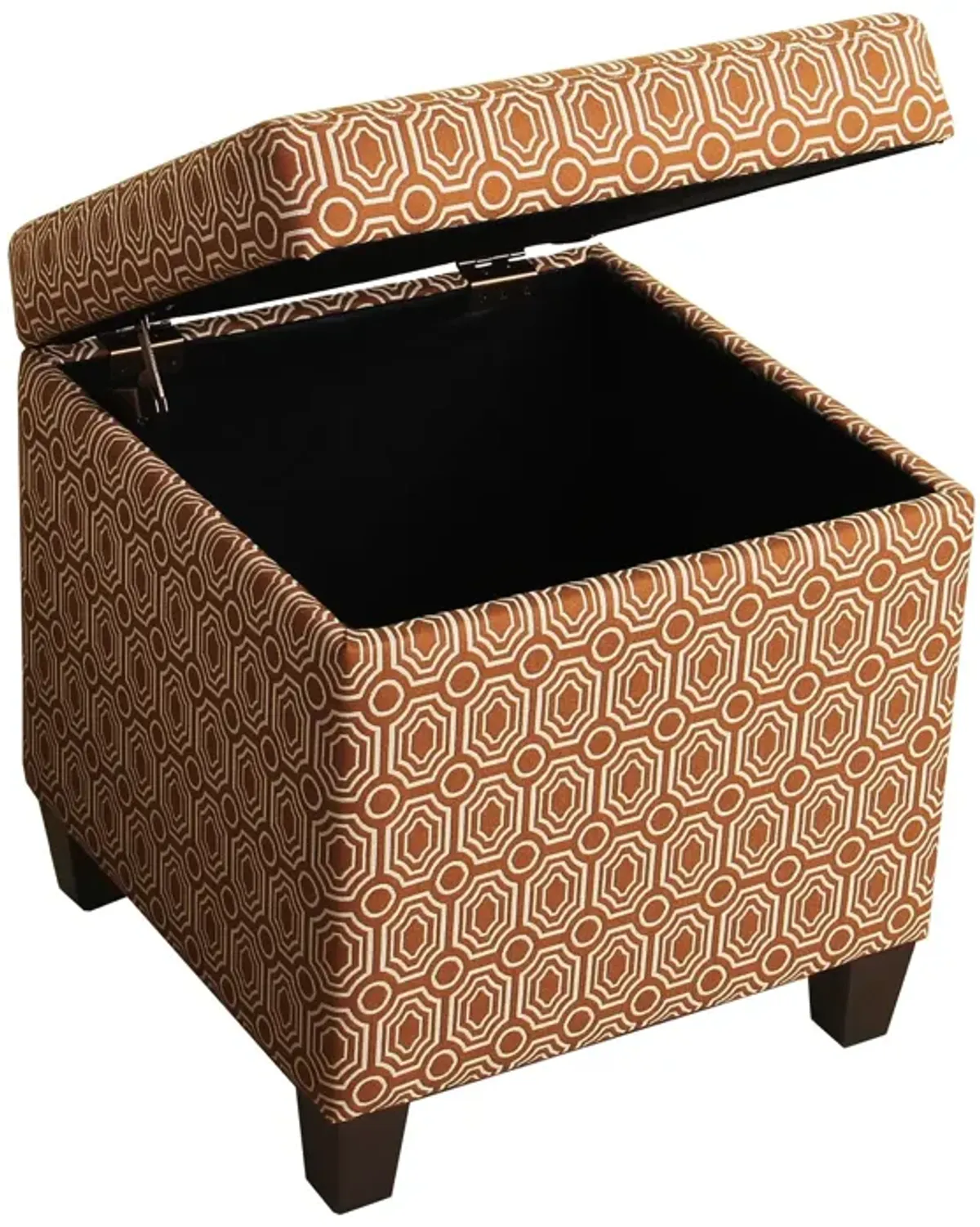 Geometric Patterned Square Wooden Ottoman with Lift Off Lid Storage, Orange and Cream - Benzara