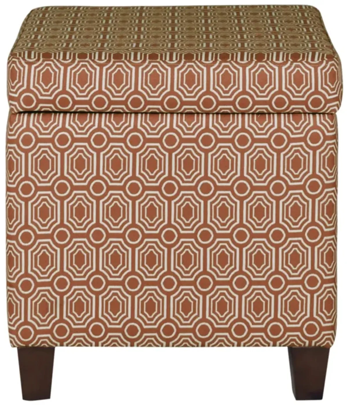 Geometric Patterned Square Wooden Ottoman with Lift Off Lid Storage, Orange and Cream - Benzara