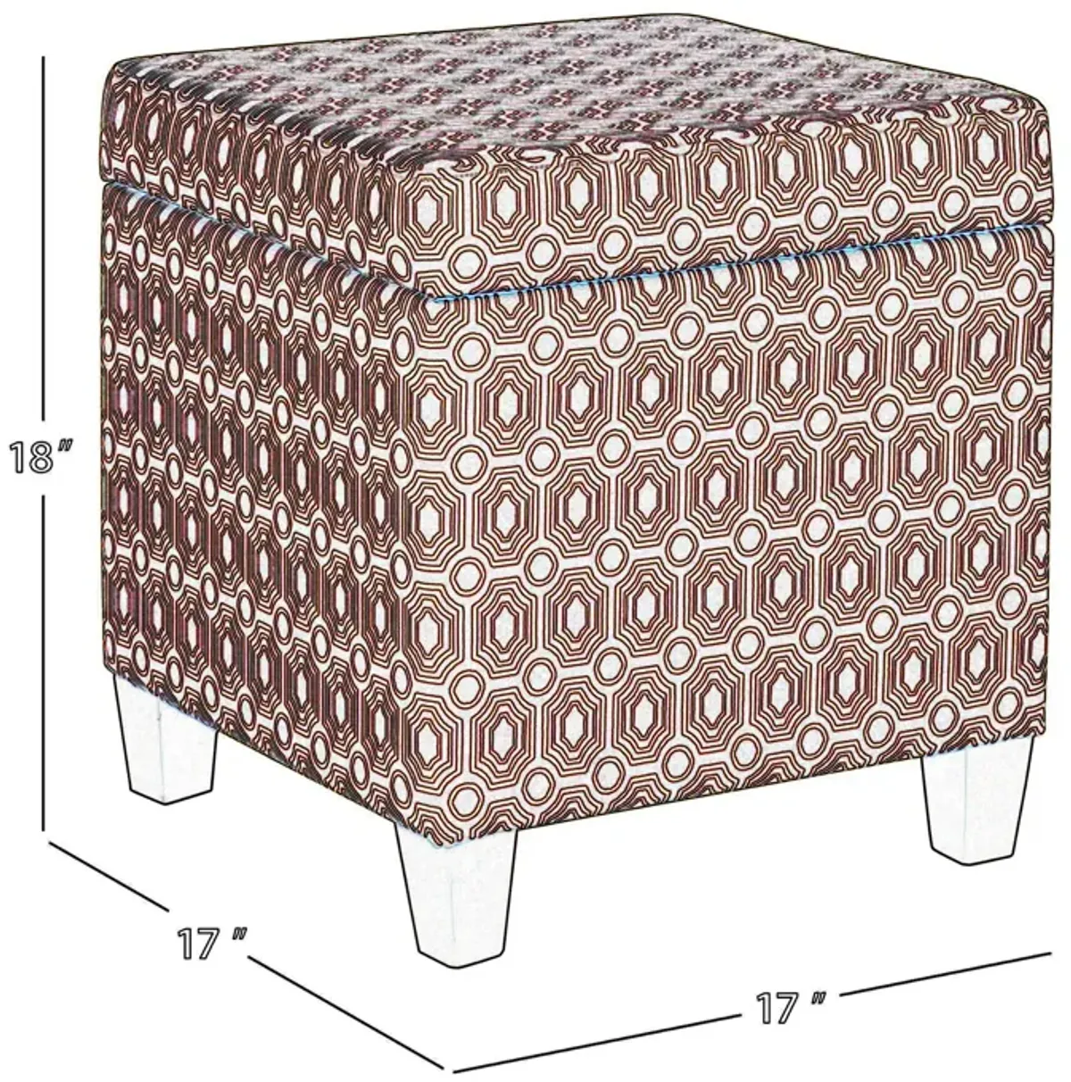 Geometric Patterned Square Wooden Ottoman with Lift Off Lid Storage, Orange and Cream - Benzara