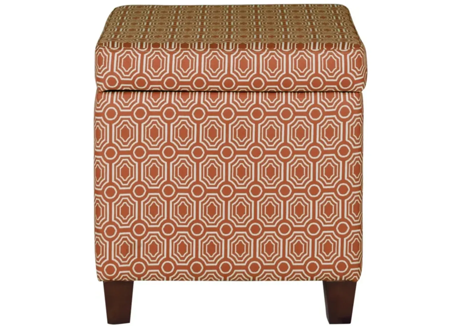 Geometric Patterned Square Wooden Ottoman with Lift Off Lid Storage, Orange and Cream - Benzara