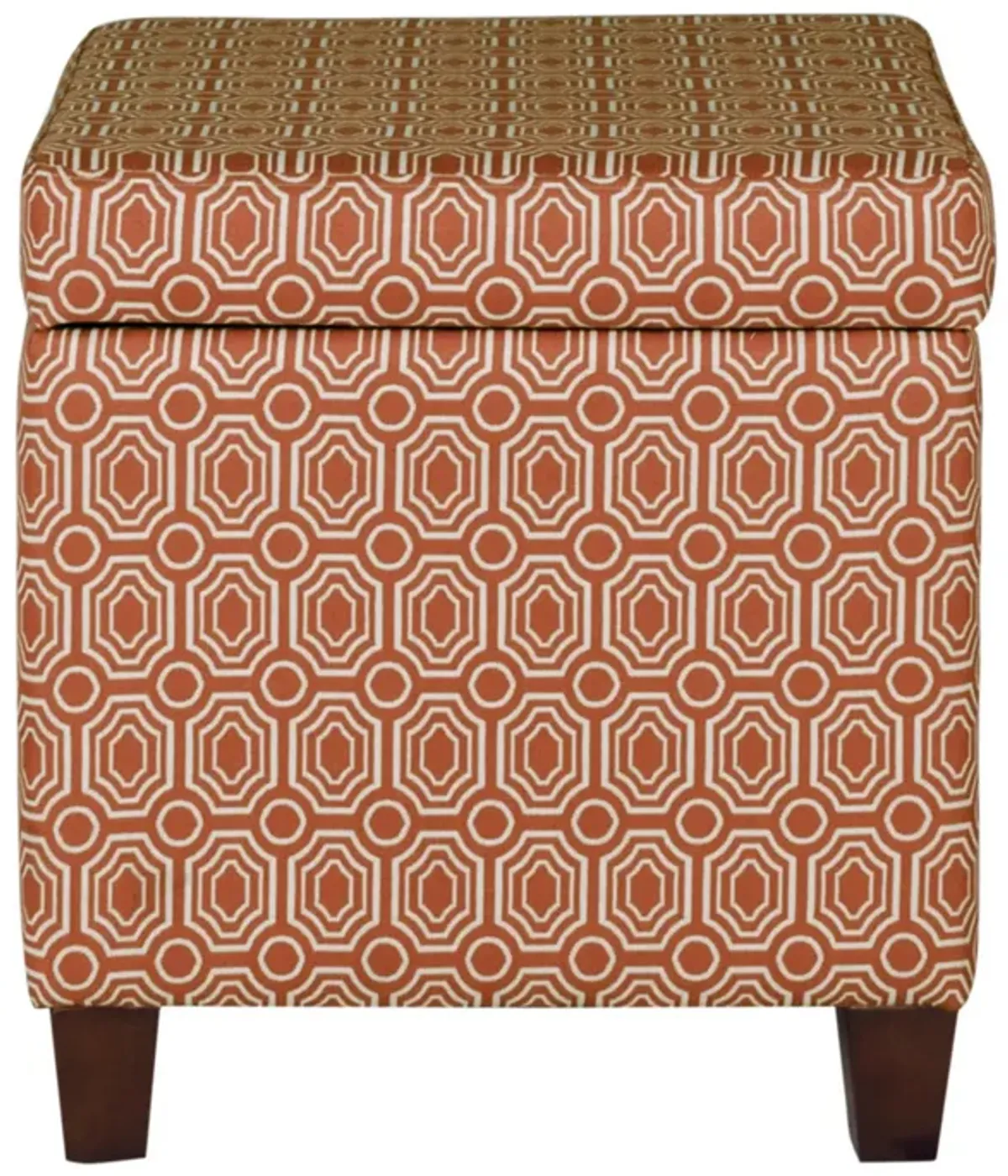 Geometric Patterned Square Wooden Ottoman with Lift Off Lid Storage, Orange and Cream - Benzara