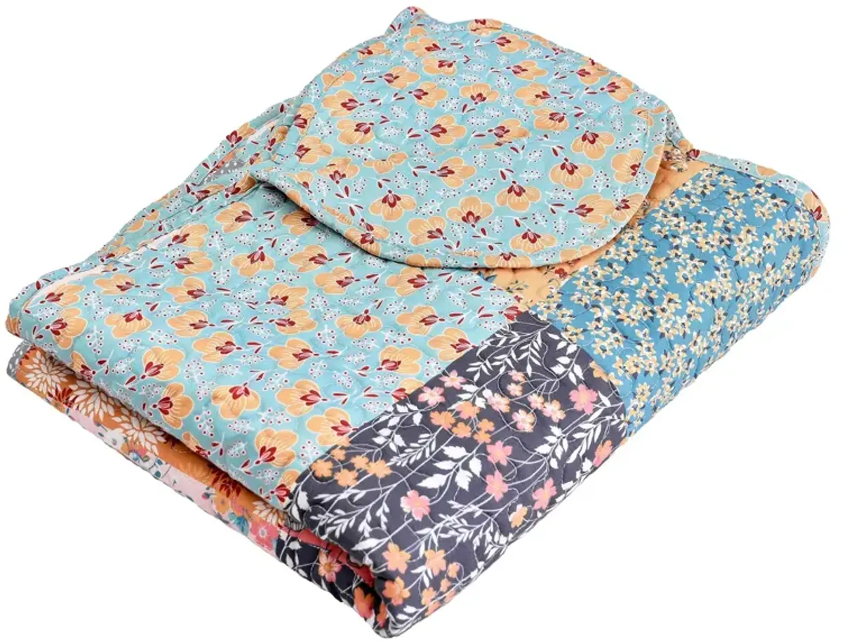 Turin 60 Inch Throw Blanket, Microfiber, Patchwork Floral Print, Multicolor-Benzara