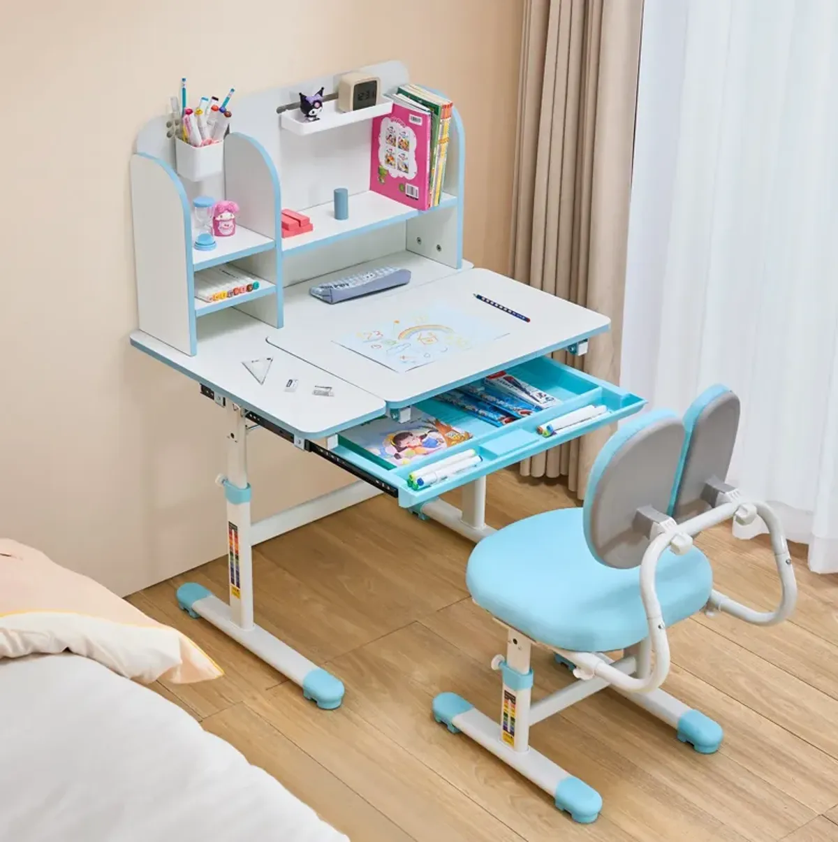 Kids Study Chair and Desk with Bookshelf Drawer Adjustable Height for Learning