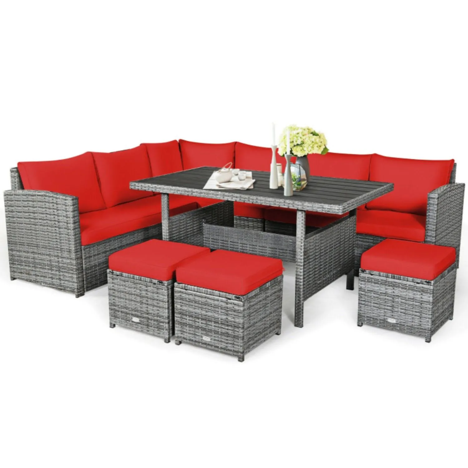 Hivvago 7 Pieces Patio Rattan Dining Furniture Sectional Sofa Set with Wicker Ottoman