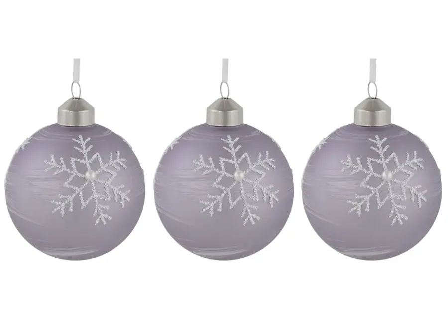 3ct Purple Glass Ball Christmas Ornaments with Snowflakes 3" (80mm)