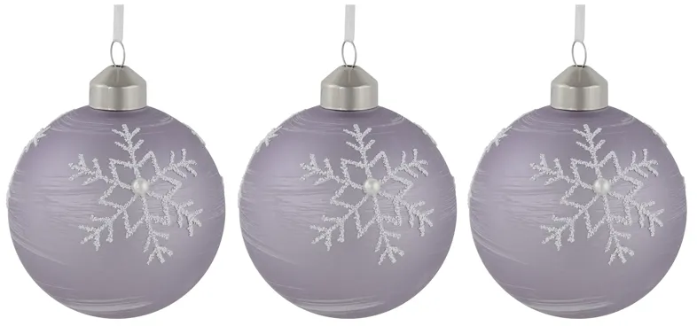 3ct Purple Glass Ball Christmas Ornaments with Snowflakes 3" (80mm)