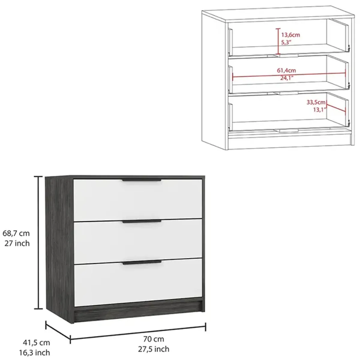 3 Drawers Dresser Maryland, Bedroom, Smoky Oak / White