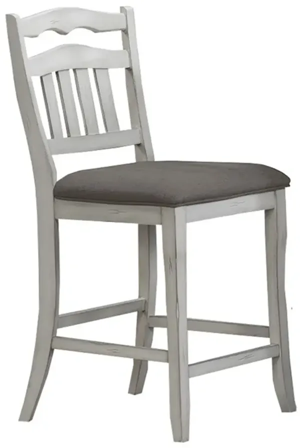 Zeke Counter Height Chair, Ladder Back, Classic White Wood, Dark Gray - Benzara