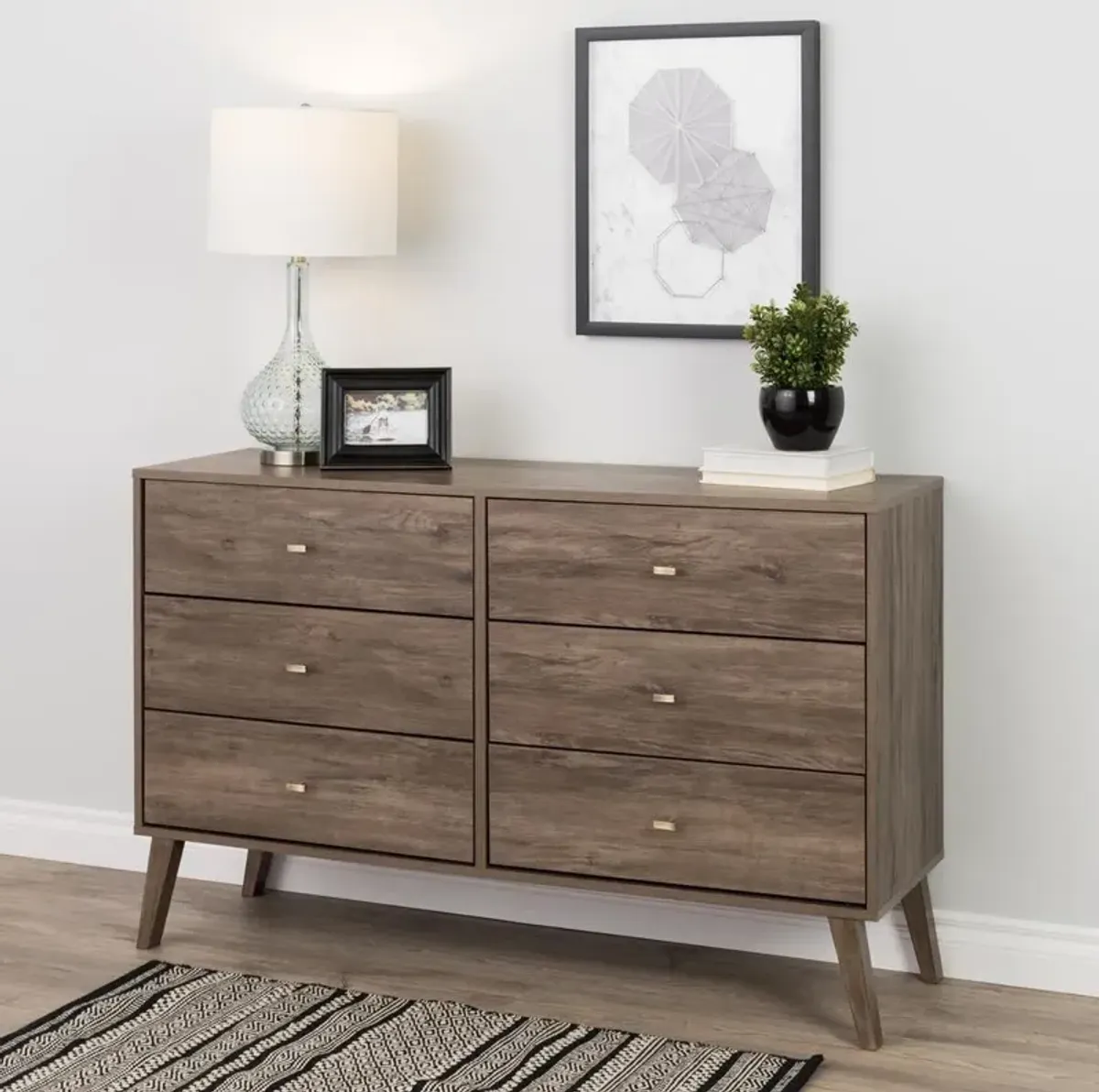 Prepac Milo Mid Century Modern  6-drawer Dresser, Drifted Gray