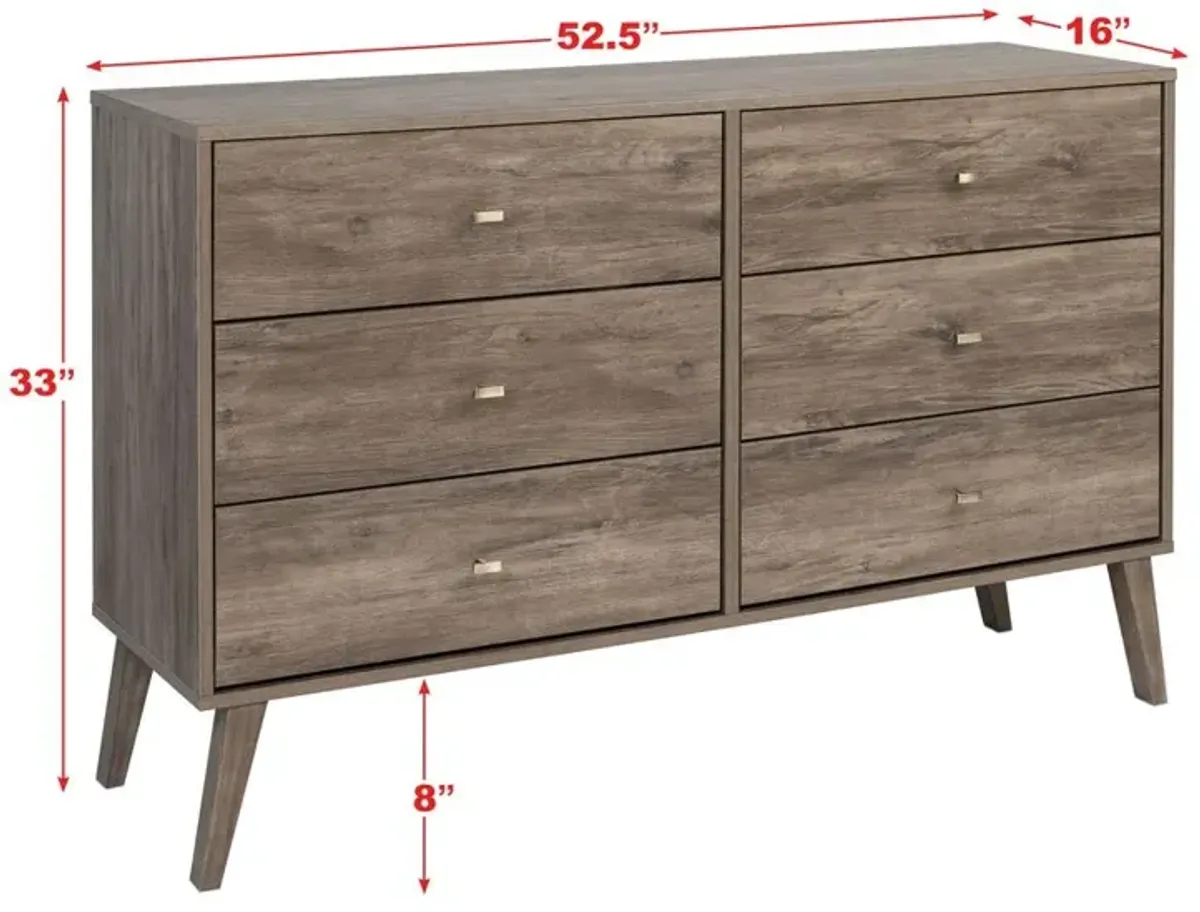 Prepac Milo Mid Century Modern  6-drawer Dresser, Drifted Gray