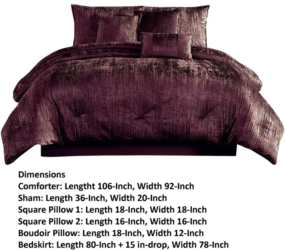 Jay 7 Piece King Comforter Set, Purple Polyester Velvet Deluxe Texture - Benzara