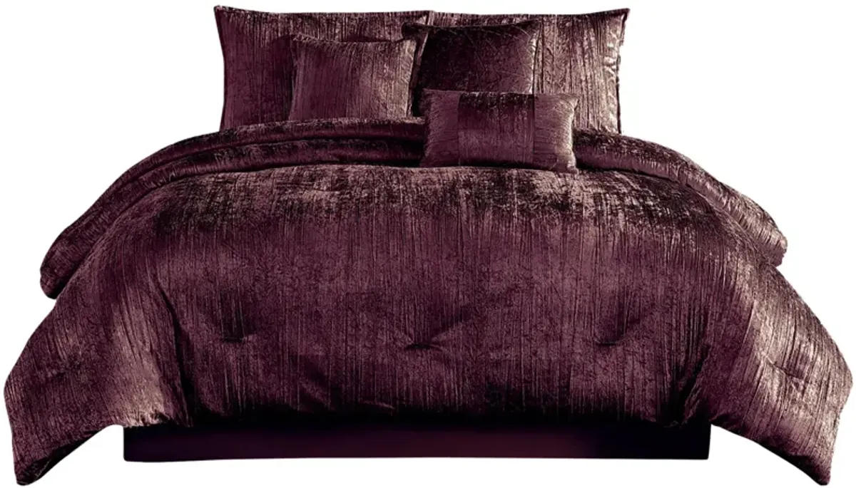 Jay 7 Piece King Comforter Set, Purple Polyester Velvet Deluxe Texture - Benzara