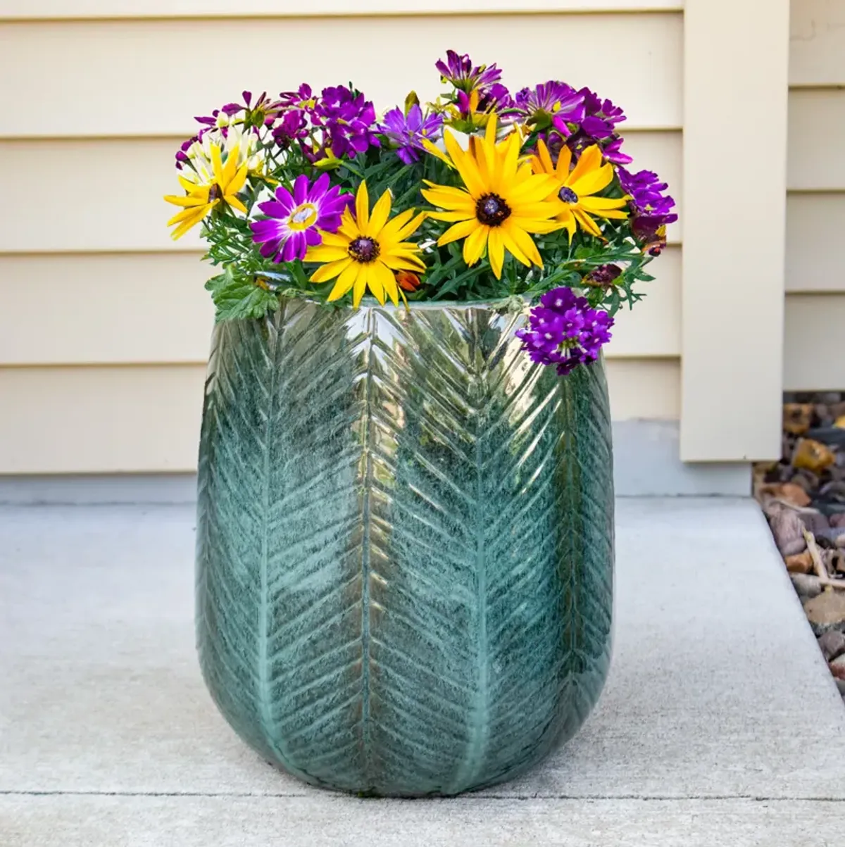 Sunnydaze 10" Chevron Pattern Ceramic Outdoor Planter - Dark Olive