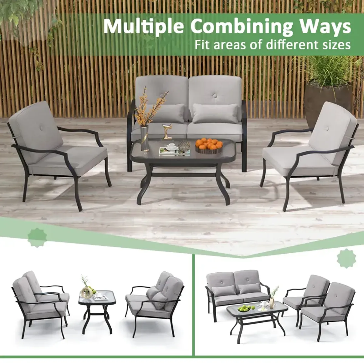 4 Pieces Outdoor Conversation Set with Seat Back Cushions and Waist Pillows-Gray