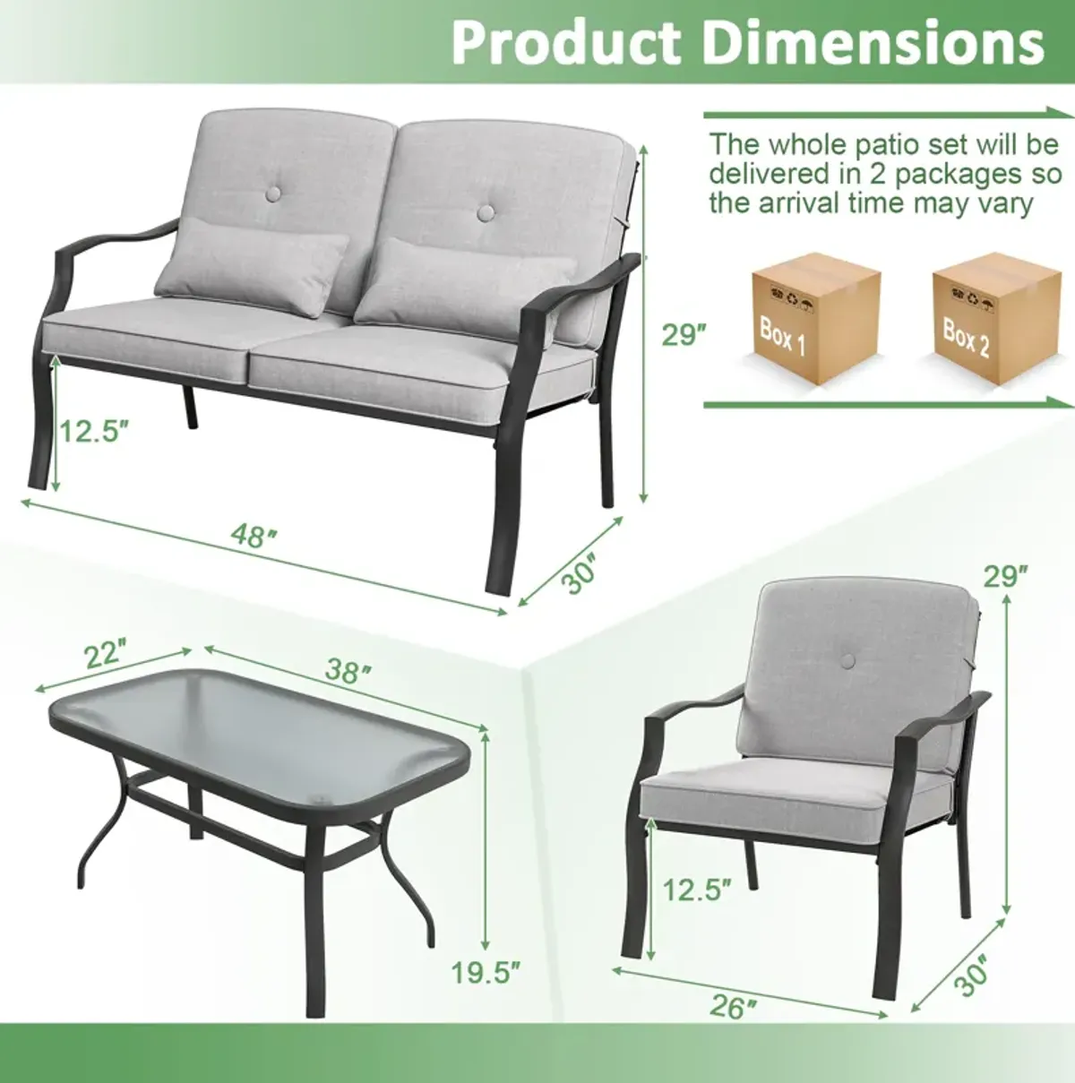 4 Pieces Outdoor Conversation Set with Seat Back Cushions and Waist Pillows-Gray