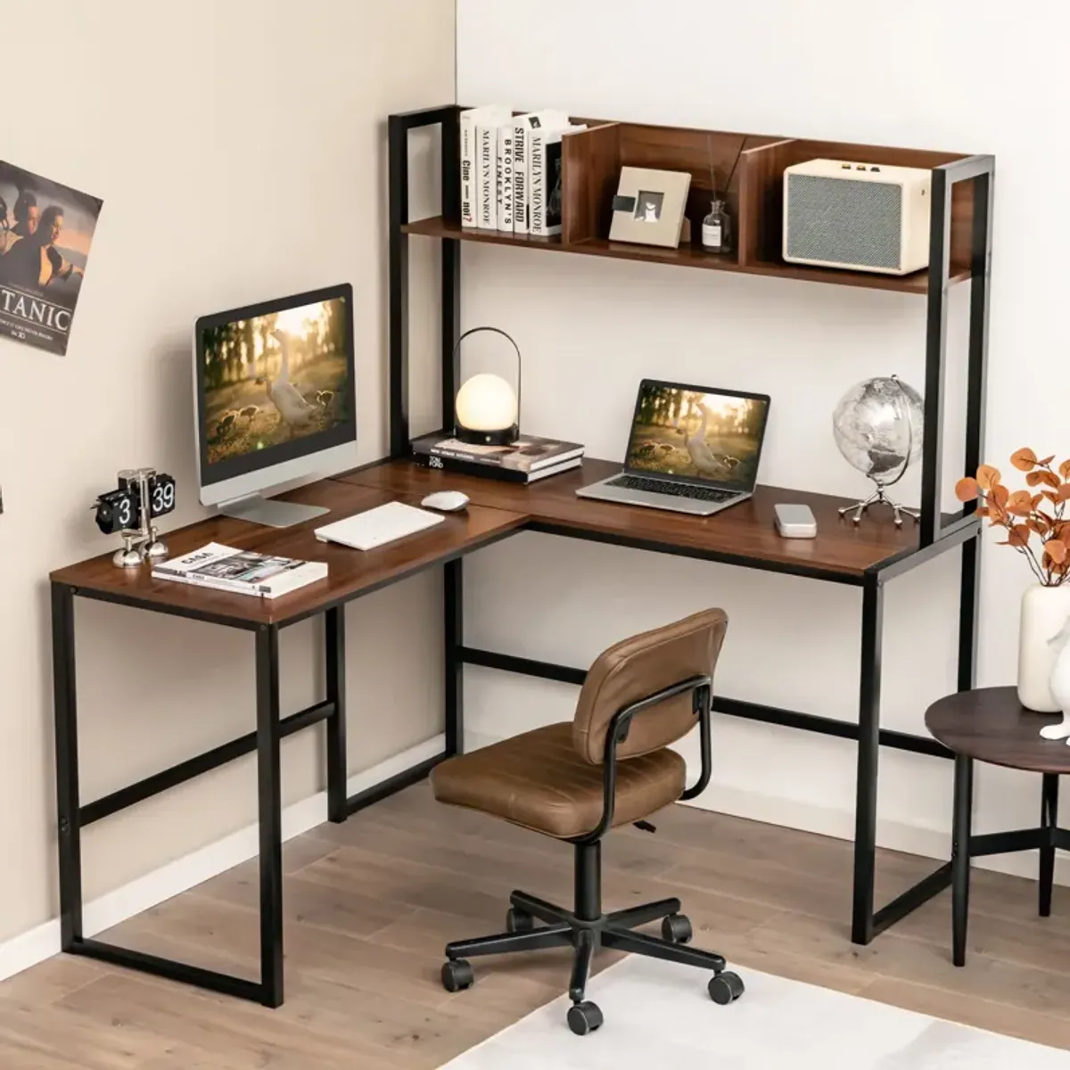 Reversible L-Shaped Corner Desk with Storage Bookshelf