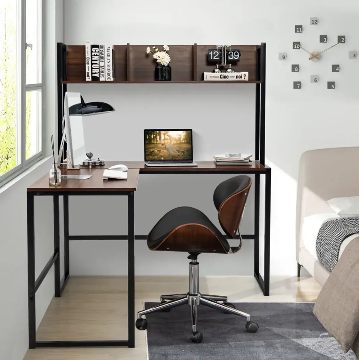 Reversible L-Shaped Corner Desk with Storage Bookshelf