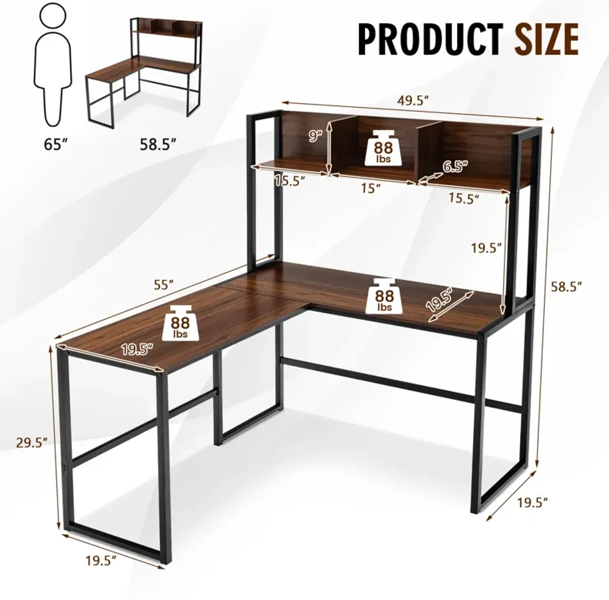 Reversible L-Shaped Corner Desk with Storage Bookshelf