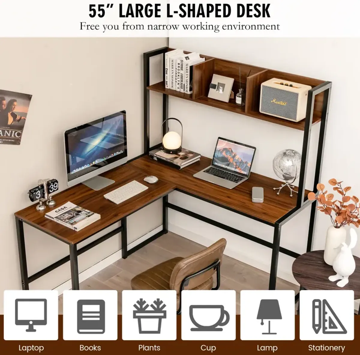 Reversible L-Shaped Corner Desk with Storage Bookshelf