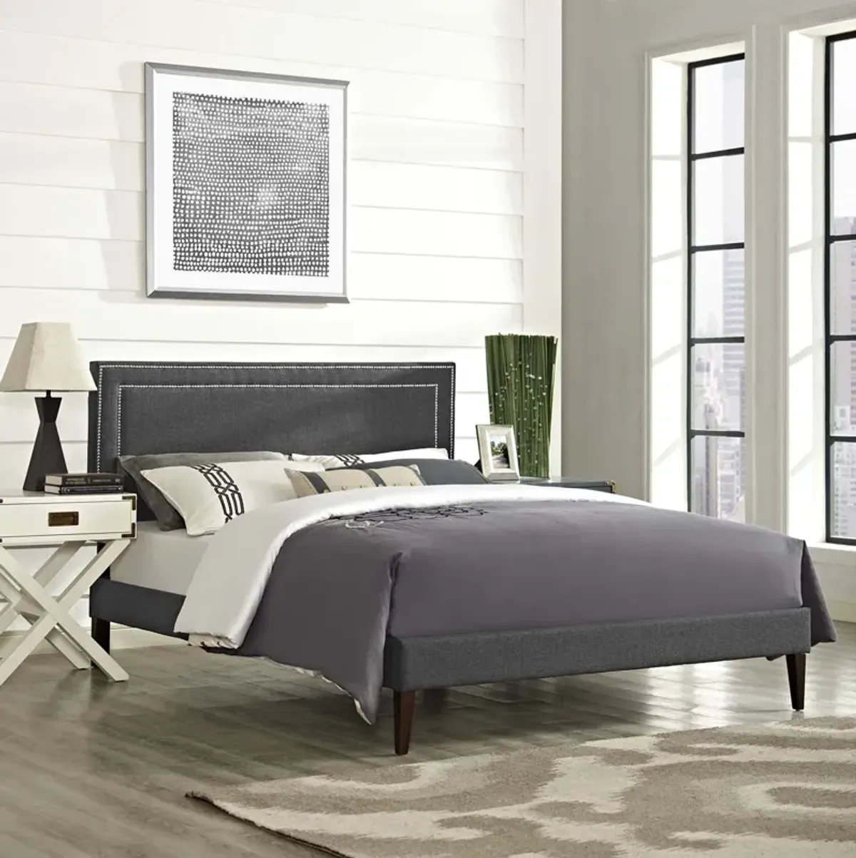 Modway - Virginia Queen Fabric Platform Bed with Squared Tapered Legs Gray