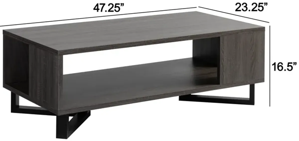 47 Inch Modern Coffee Table, Abstract Style, Open Shelf, Distressed Gray-Benzara