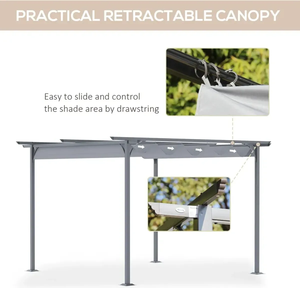 Outsunny 11.5' x 11.5' Retractable Pergola Canopy, Outdoor UV Protection & Sun Shade, Steel Frame for Garden, Grill, Patio, Backyard, Gray